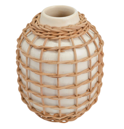 Rattan Wrapped White Vase